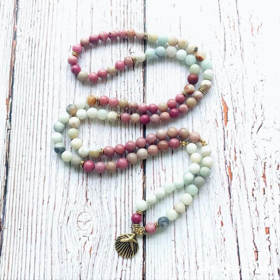 108 Natural Matte Amazonite Stone & Rhodonite Gemstone Mala Prayer Beads - Free Spirit Shop