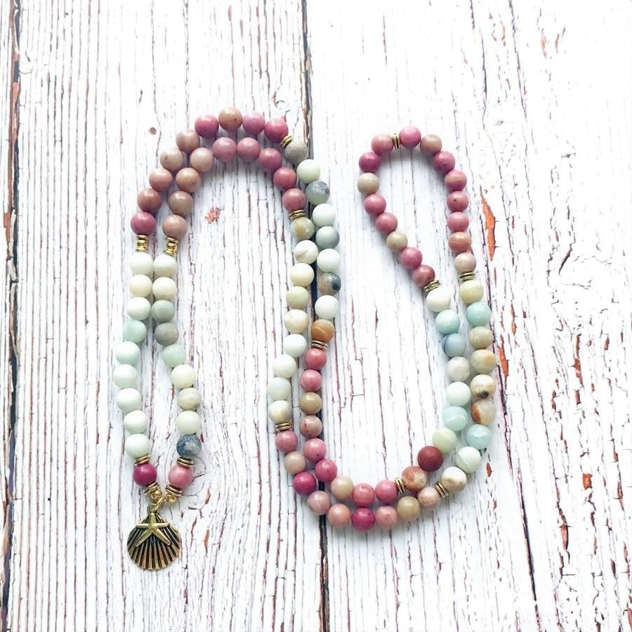 108 Natural Matte Amazonite Stone & Rhodonite Gemstone Mala Prayer Beads - Free Spirit Shop