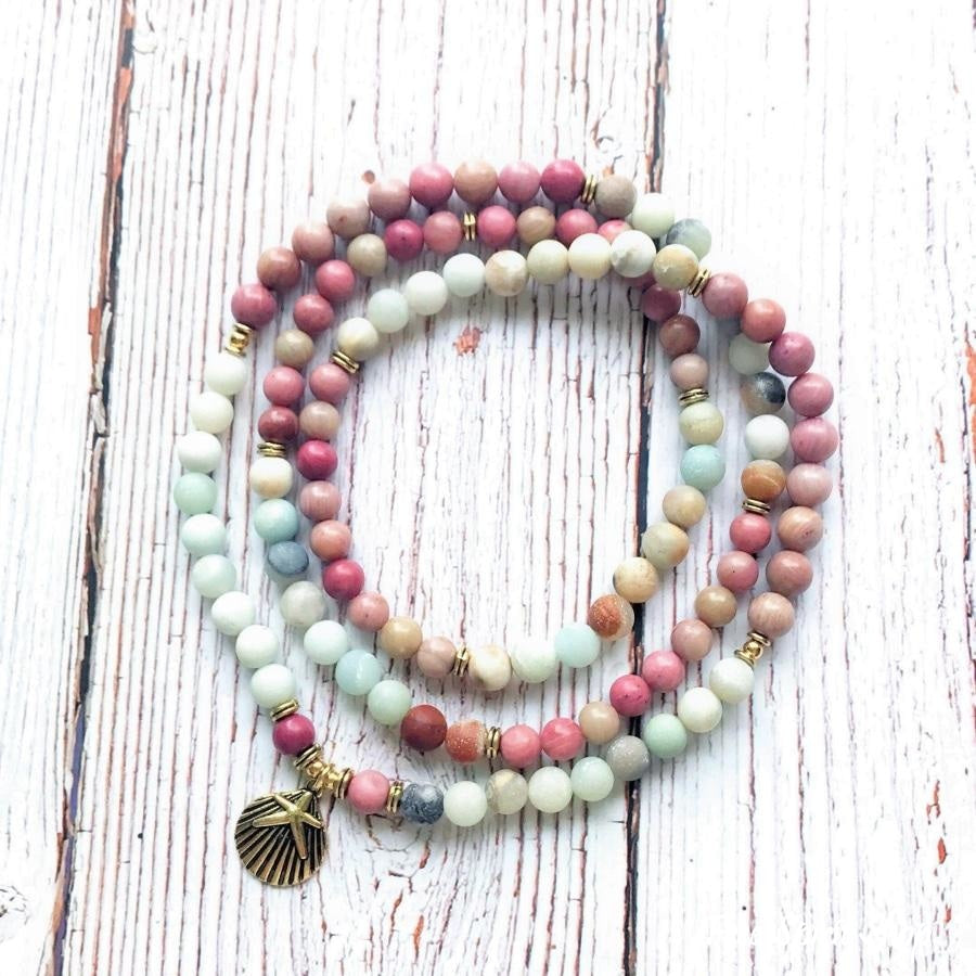 108 Natural Matte Amazonite Stone & Rhodonite Gemstone Mala Prayer Beads - Free Spirit Shop