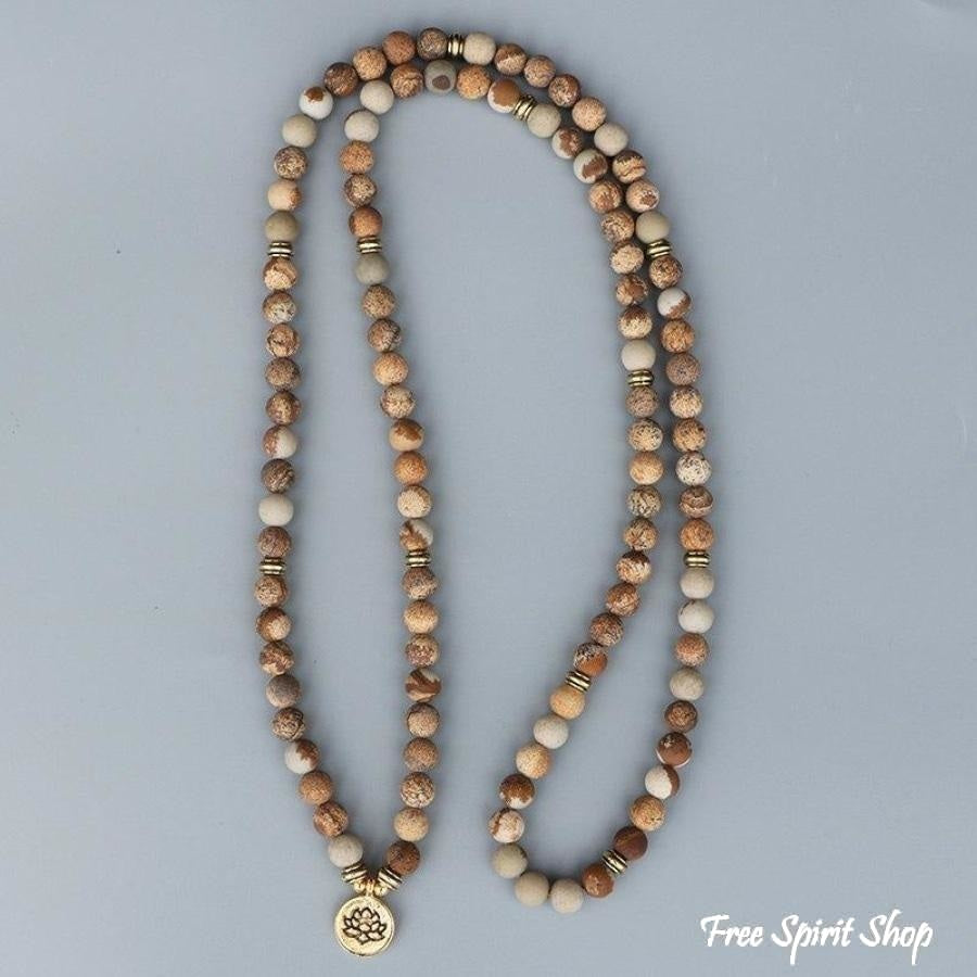 108 Natural Matte Picture Jasper Gemstone Mala Bead Bracelet - Free Spirit Shop