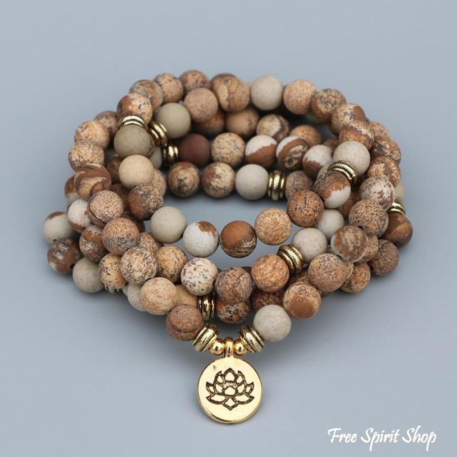108 Natural Matte Picture Jasper Gemstone Mala Bead Bracelet - Free Spirit Shop