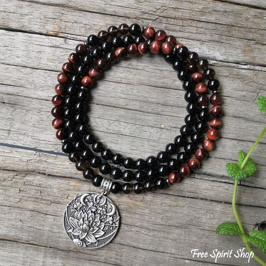 108 Natural Red Tiger Eye Black Onyx & Smoky Quartz Mala Beads - Free Spirit Shop