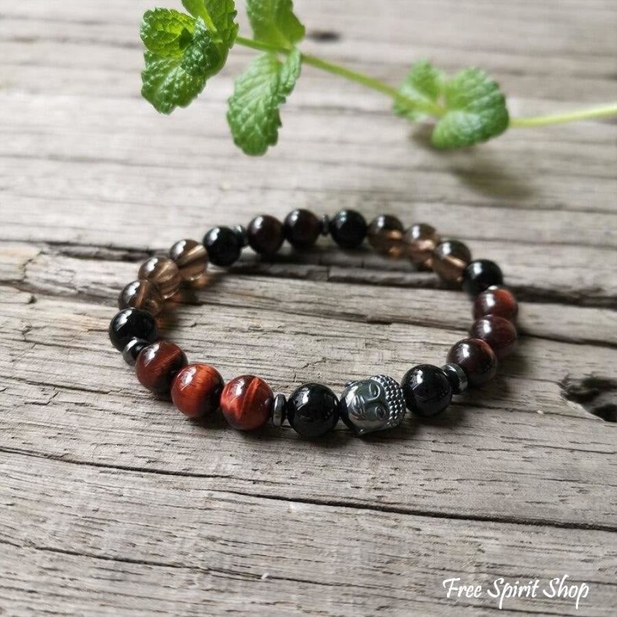 108 Natural Red Tiger Eye Black Onyx & Smoky Quartz Mala Beads - Free Spirit Shop