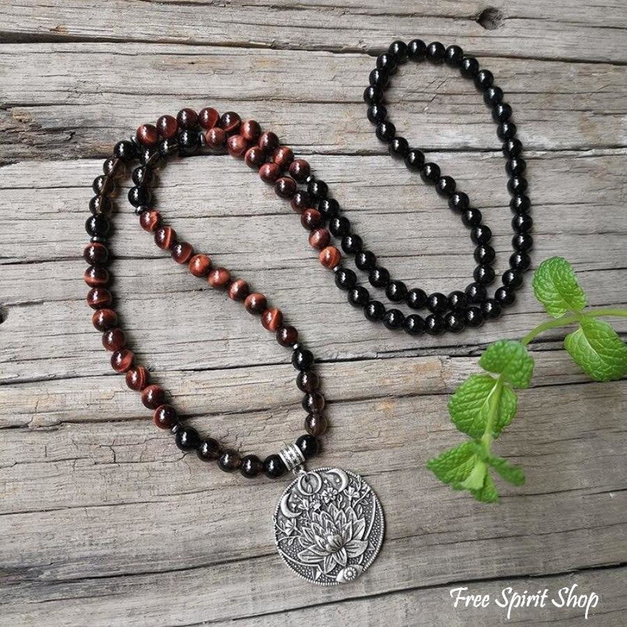 108 Natural Red Tiger Eye Black Onyx & Smoky Quartz Mala Beads - Free Spirit Shop