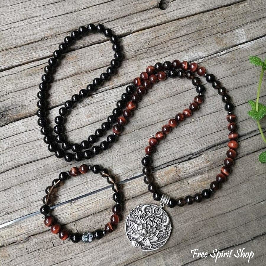 108 Natural Red Tiger Eye Black Onyx & Smoky Quartz Mala Beads - Free Spirit Shop