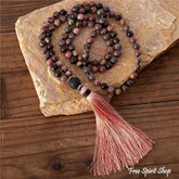 108 Natural Rhodonite & Black Lava Stone Mala Bead Necklace - Free Spirit Shop