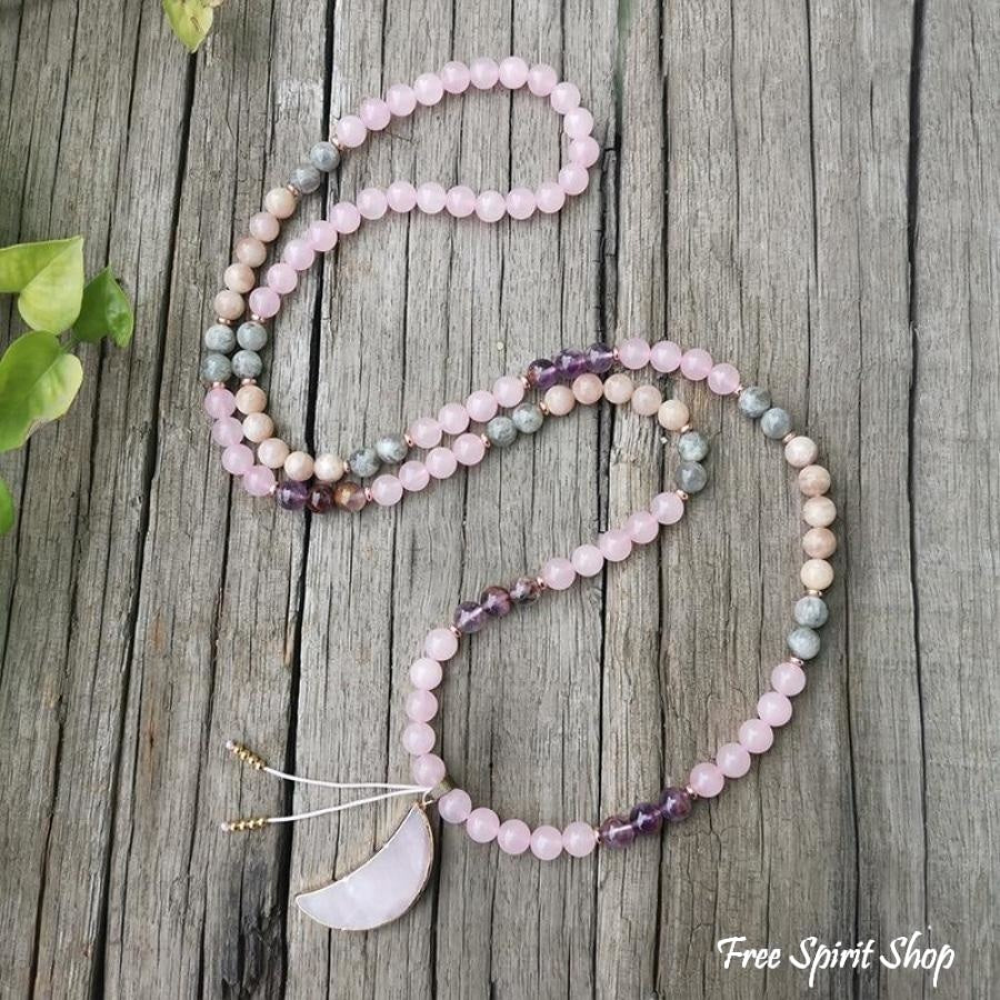 108 Natural Rose Quartz Amethyst & Green Jade Mala Bead Necklace / Bracelet - Free Spirit Shop