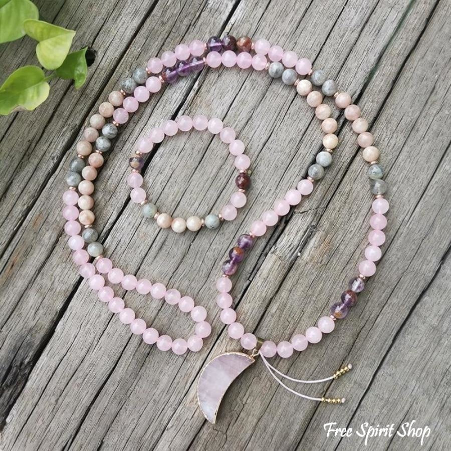 108 Natural Rose Quartz Amethyst & Green Jade Mala Bead Necklace / Bracelet - Free Spirit Shop