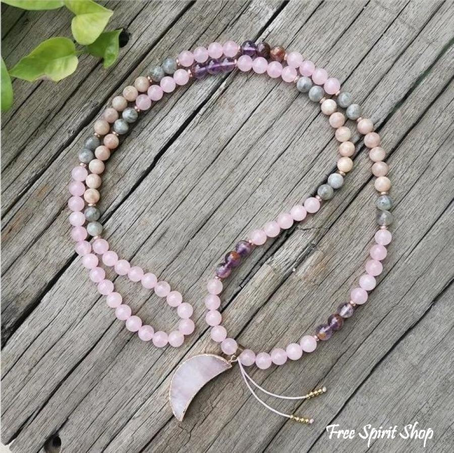 108 Natural Rose Quartz Amethyst & Green Jade Mala Bead Necklace / Bracelet - Free Spirit Shop