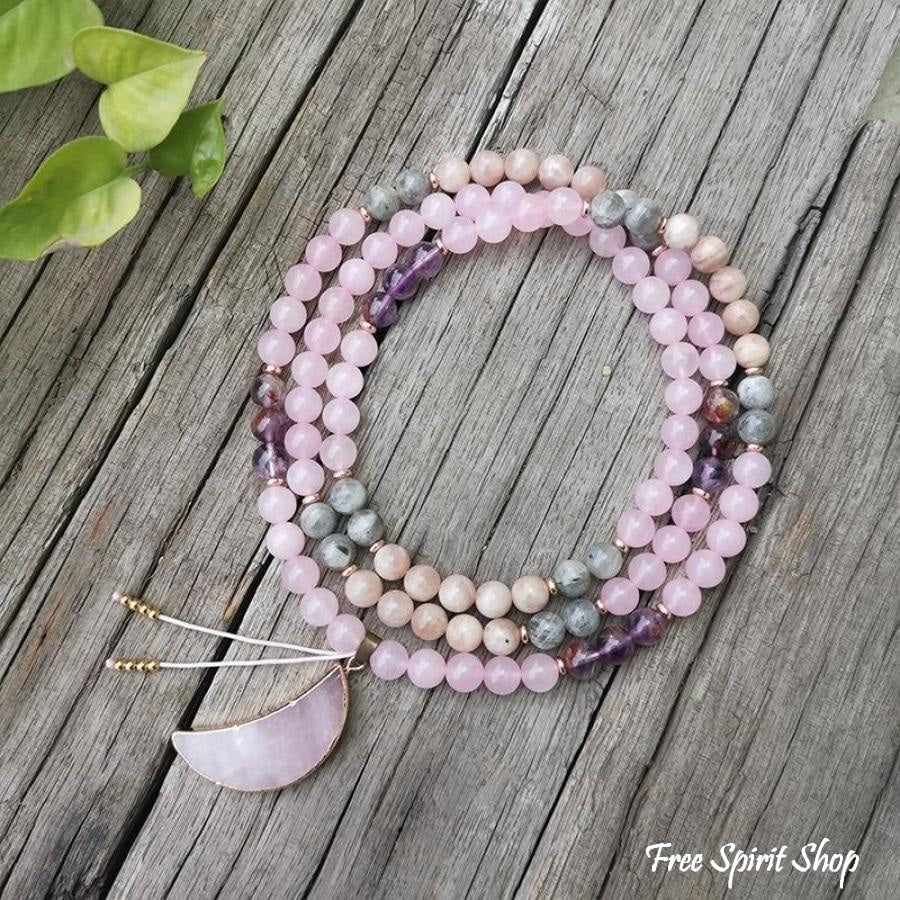 108 Natural Rose Quartz Amethyst & Green Jade Mala Bead Necklace / Bracelet - Free Spirit Shop