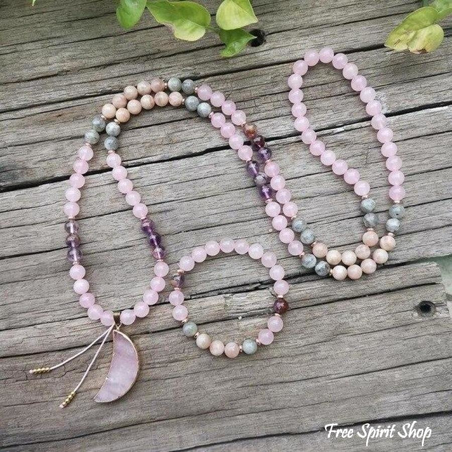 108 Natural Rose Quartz Amethyst & Green Jade Mala Bead Necklace / Bracelet - Free Spirit Shop