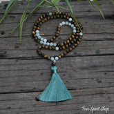 108 Natural Tiger Eye & Aquamarine Mala Bead Necklace - Free Spirit Shop