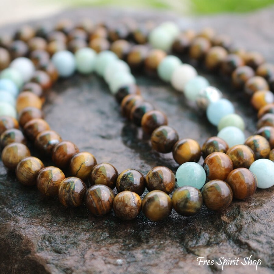 108 Natural Tiger Eye & Aquamarine Mala Bead Necklace - Free Spirit Shop