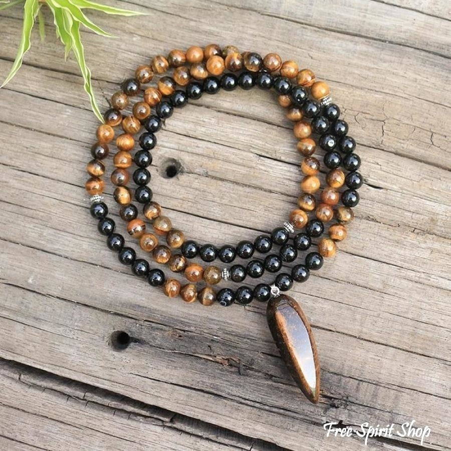 108 Natural Tiger Eye & Black Onyx Mala Beads Necklace / Bracelet - Free Spirit Shop