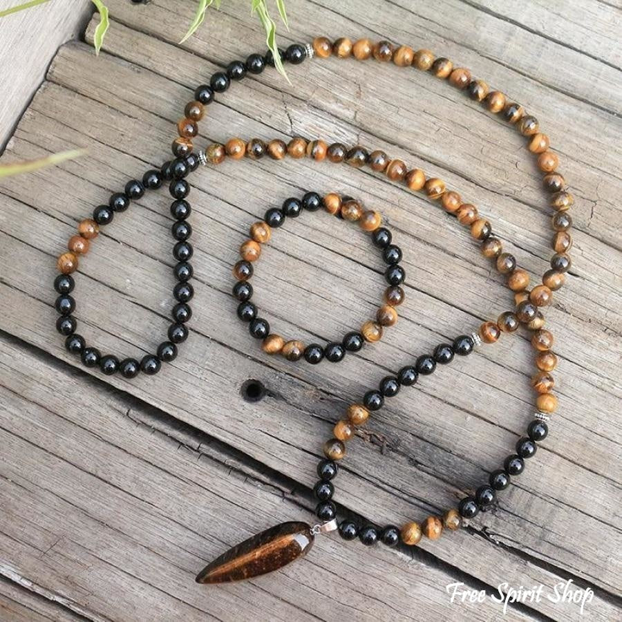108 Natural Tiger Eye & Black Onyx Mala Beads Necklace / Bracelet