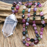 108 Natural Tourmaline Gemstone Mala Bead Necklace With Quartz Pendant - Free Spirit Shop