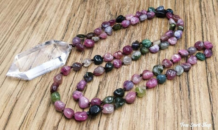 108 Natural Tourmaline Gemstone Mala Bead Necklace With Quartz Pendant - Free Spirit Shop