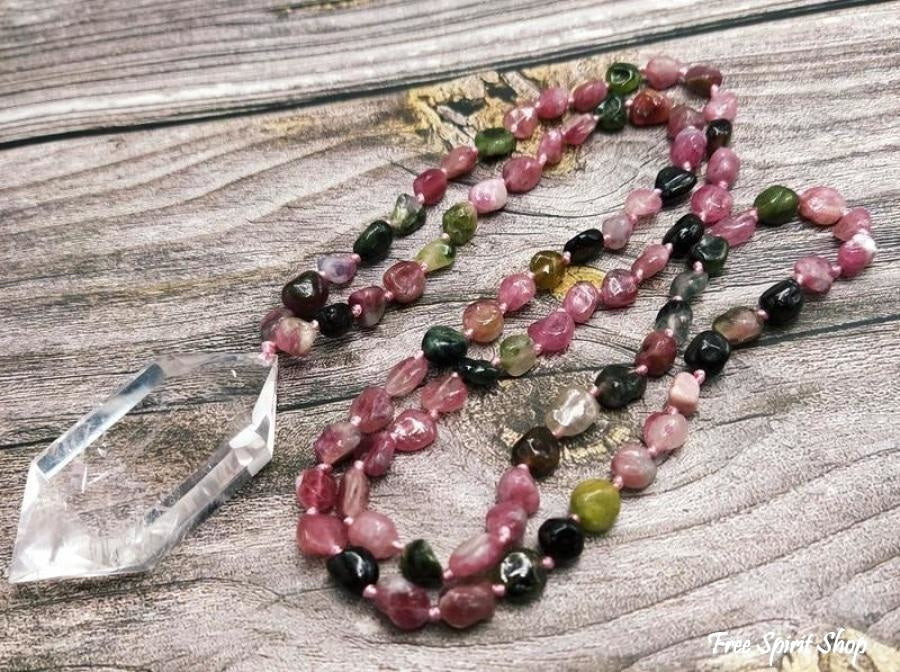 108 Natural Tourmaline Gemstone Mala Bead Necklace With Quartz Pendant - Free Spirit Shop