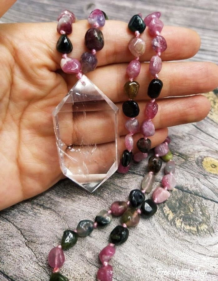 108 Natural Tourmaline Gemstone Mala Bead Necklace With Quartz Pendant - Free Spirit Shop