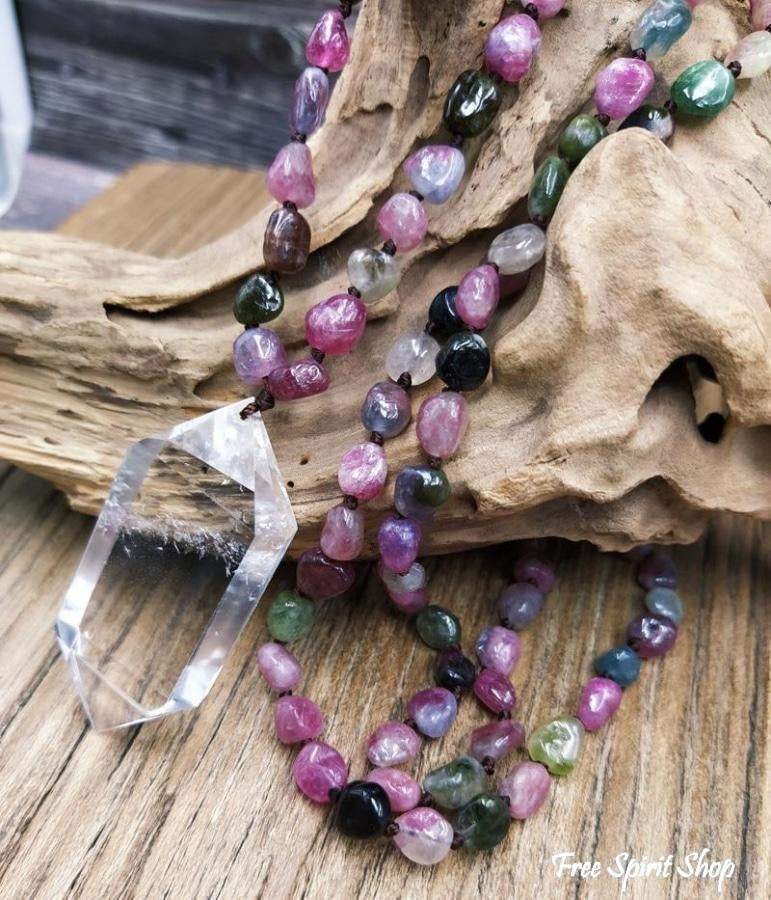 108 Natural Tourmaline Gemstone Mala Bead Necklace With Quartz Pendant - Free Spirit Shop
