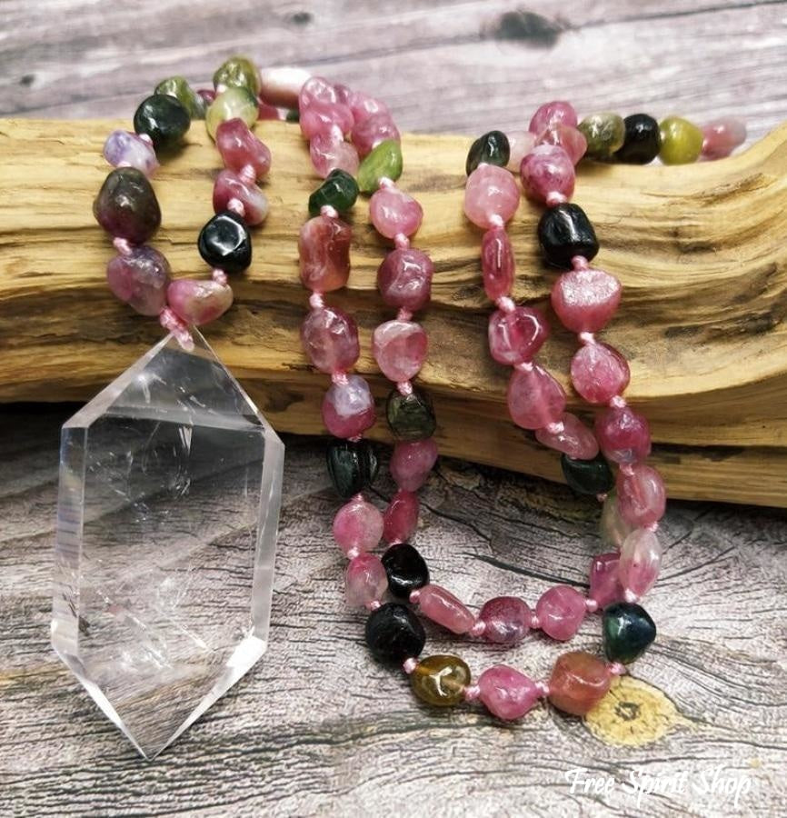 108 Natural Tourmaline Gemstone Mala Bead Necklace With Quartz Pendant - Free Spirit Shop