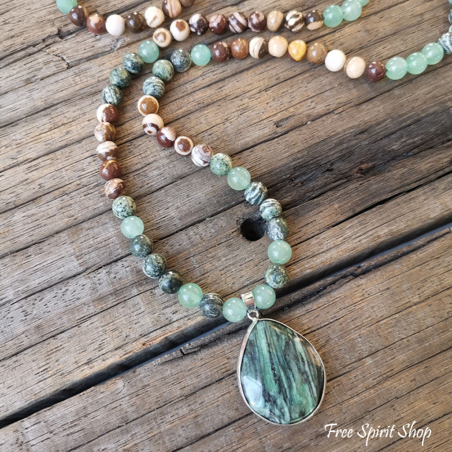 108 Zebra Jasper Green Jade & Green Aventurine Mala Bead Necklace - Free Spirit Shop