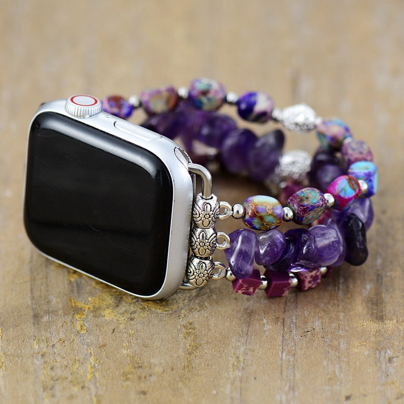 Amethyst & Purple Jasper Elastic Beaded Apple Watch Band