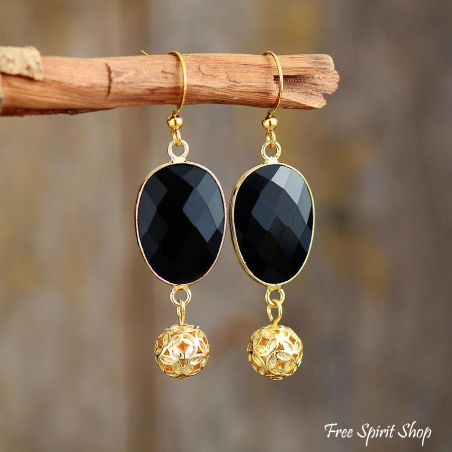 Black Onyx & Golden Flower Ball Drop Earrings - Free Spirit Shop