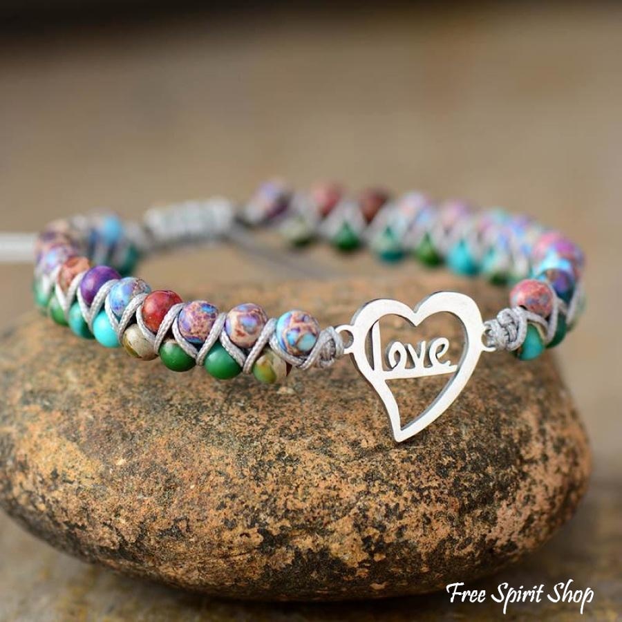Colorful Jasper & Love Charm Bead Bracelet - Free Spirit Shop