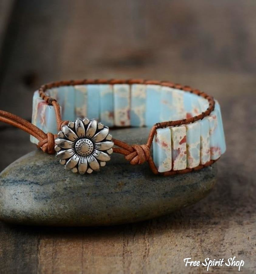 Handmade Blue Shoushan Stone Leather Wrap Bracelet - Free Spirit Shop