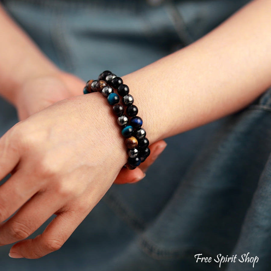 Handmade Blue Tiger Eye & Hematite Bead Bracelet - Free Spirit Shop
