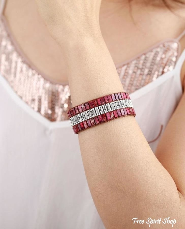 Handmade Fushia Jasper & Tibetan Bead Wrap Bracelet - Free Spirit Shop