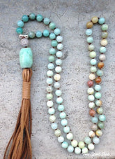 Handmade Natural Amazonite Stone & Leather Tassel Necklace - Free Spirit Shop