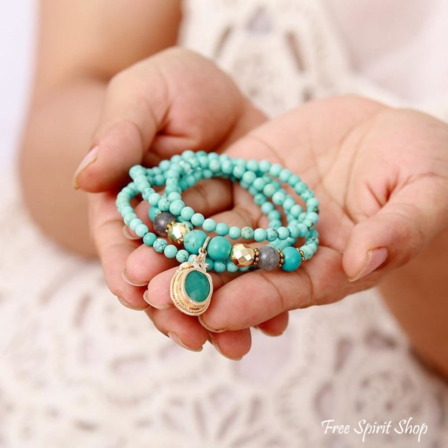 Handmade Turquoise & Labradorite Yoga Bead Bracelet / Necklace - Free Spirit Shop