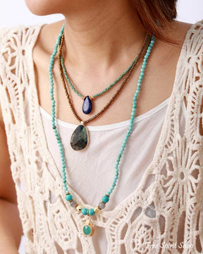 Handmade Turquoise & Labradorite Yoga Bead Bracelet / Necklace - Free Spirit Shop