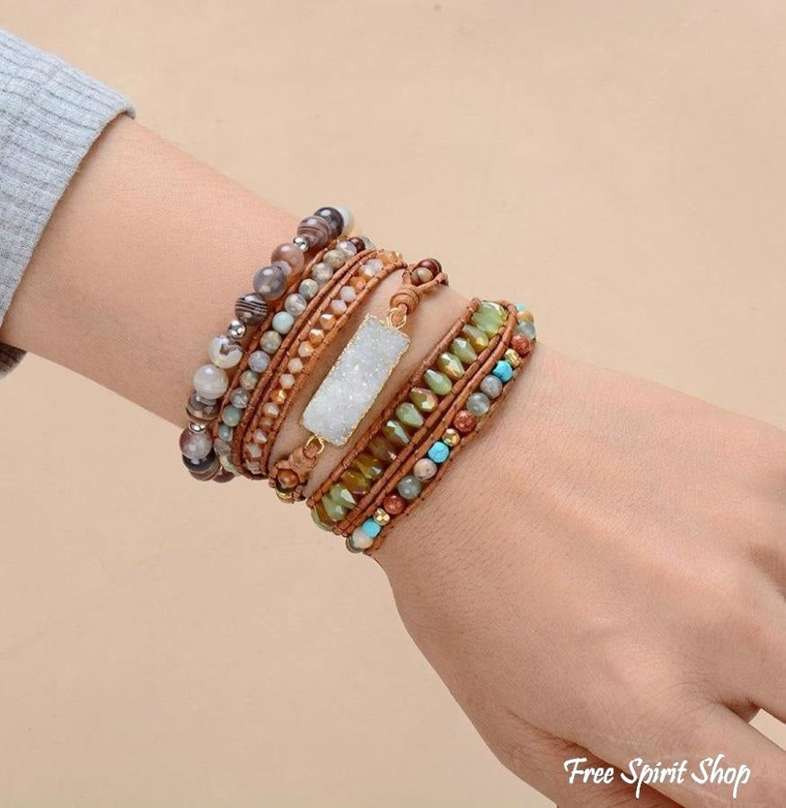 Handmade White Druzy & Mix Gemstone Wrap Bracelet - Free Spirit Shop