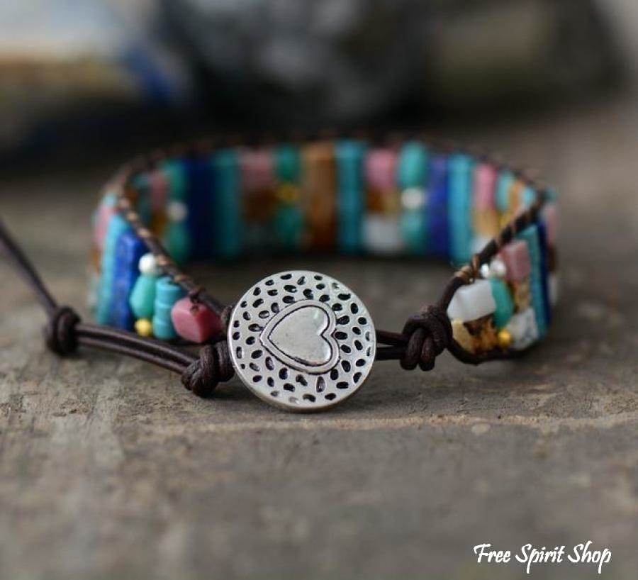 Mix Candy Gemstones Leather Wrap Bracelet - Free Spirit Shop