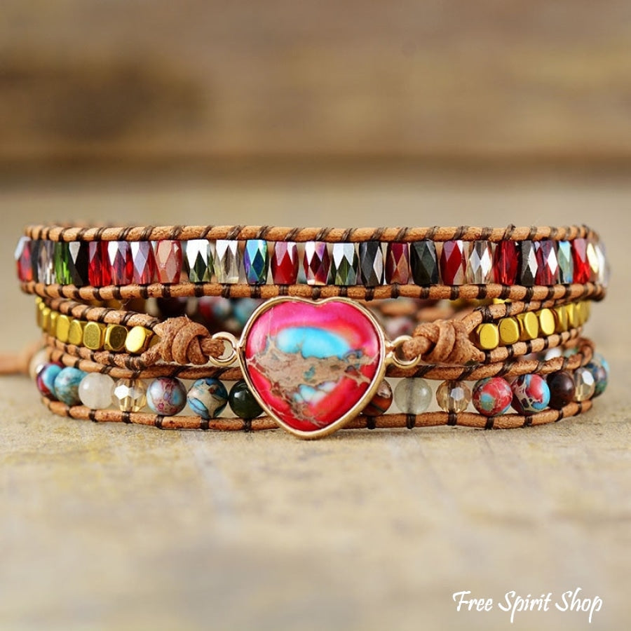 Mixed Beads & Red Heart Jasper Charm Wrap Bracelet - Free Spirit Shop
