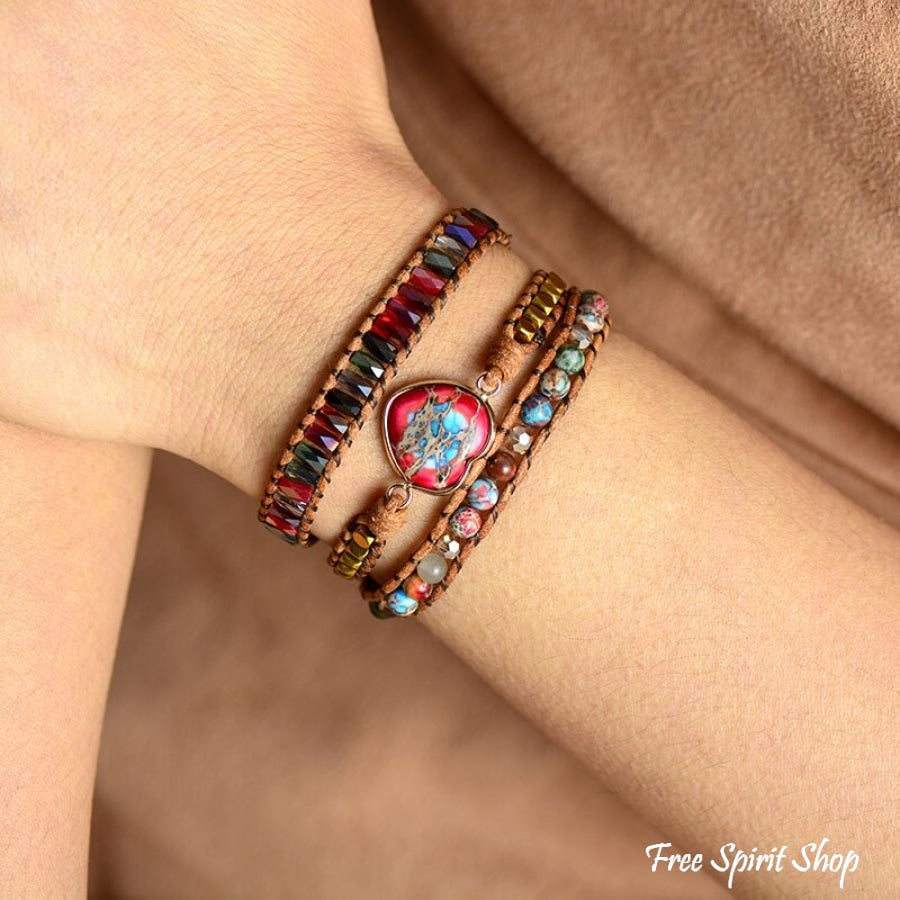 Mixed Beads & Red Heart Jasper Charm Wrap Bracelet - Free Spirit Shop