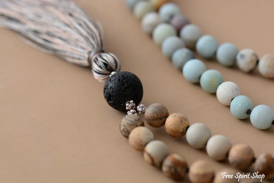 Natural 108 Amazonite Jasper & Lava Stone Bead Mala - Free Spirit Shop