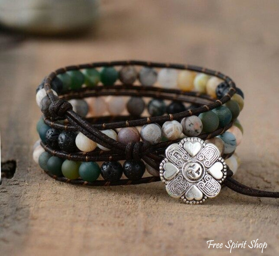 Natural Agate Black Lava & Green Onyx Beaded Wrap Bracelet - Free Spirit Shop