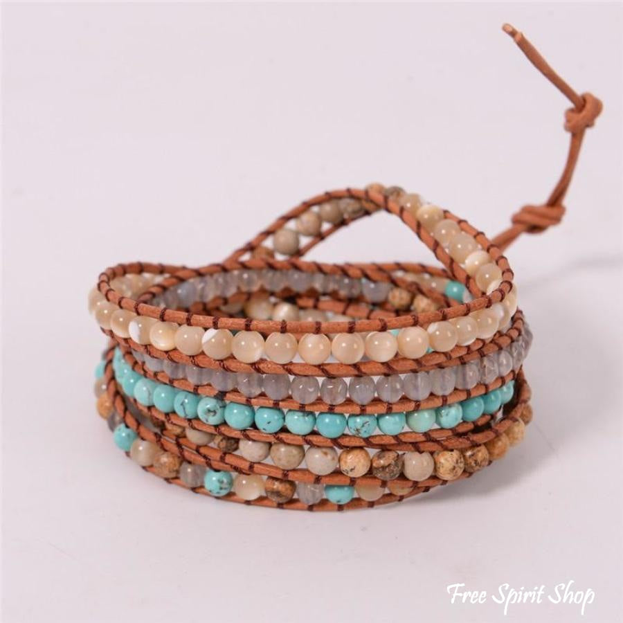 Natural Agate, Jasper & Howlite Stone Leather Wrap Bracelet - Free Spirit Shop