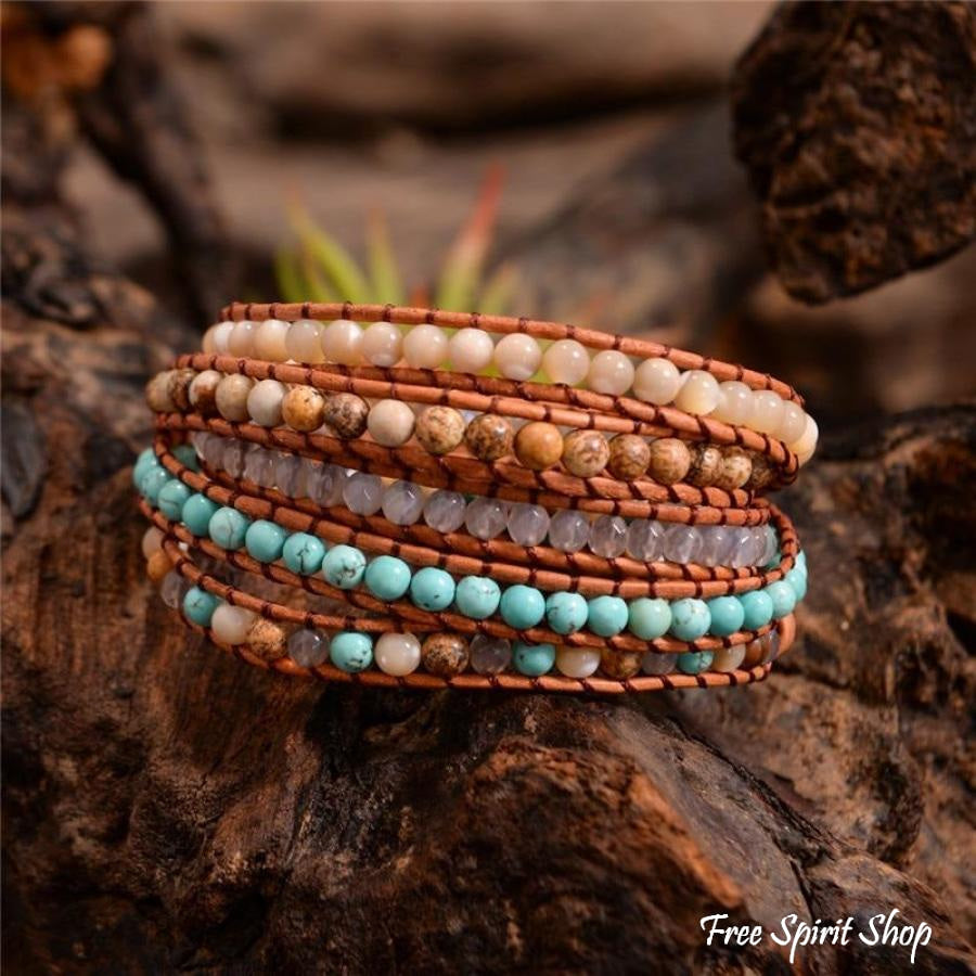 Natural Agate, Jasper & Howlite Stone Leather Wrap Bracelet - Free Spirit Shop