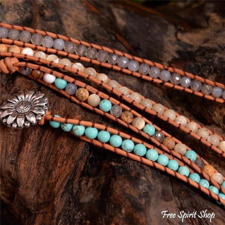 Natural Agate, Jasper & Howlite Stone Leather Wrap Bracelet - Free Spirit Shop