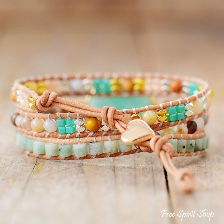 Natural Amazonite & Agate Gemstone Wrap Bracelet - Free Spirit Shop
