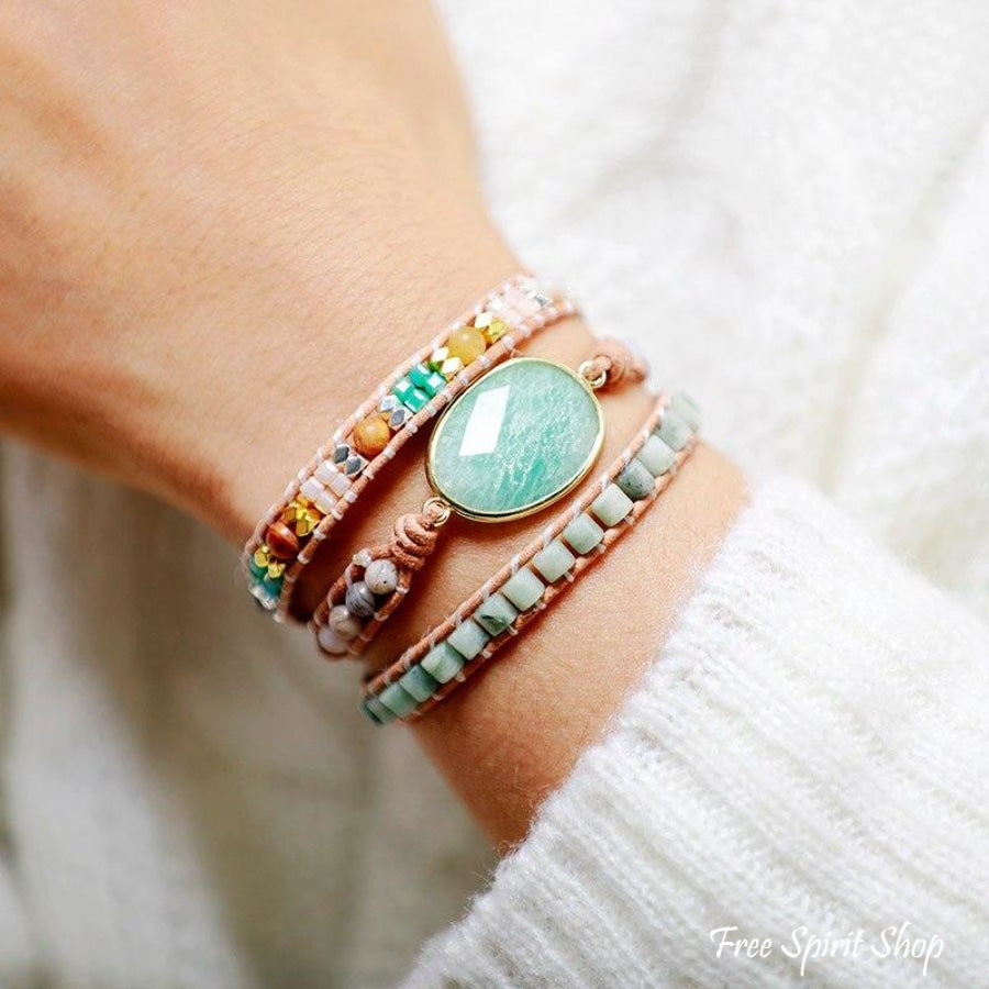 Natural Amazonite & Agate Gemstone Wrap Bracelet - Free Spirit Shop