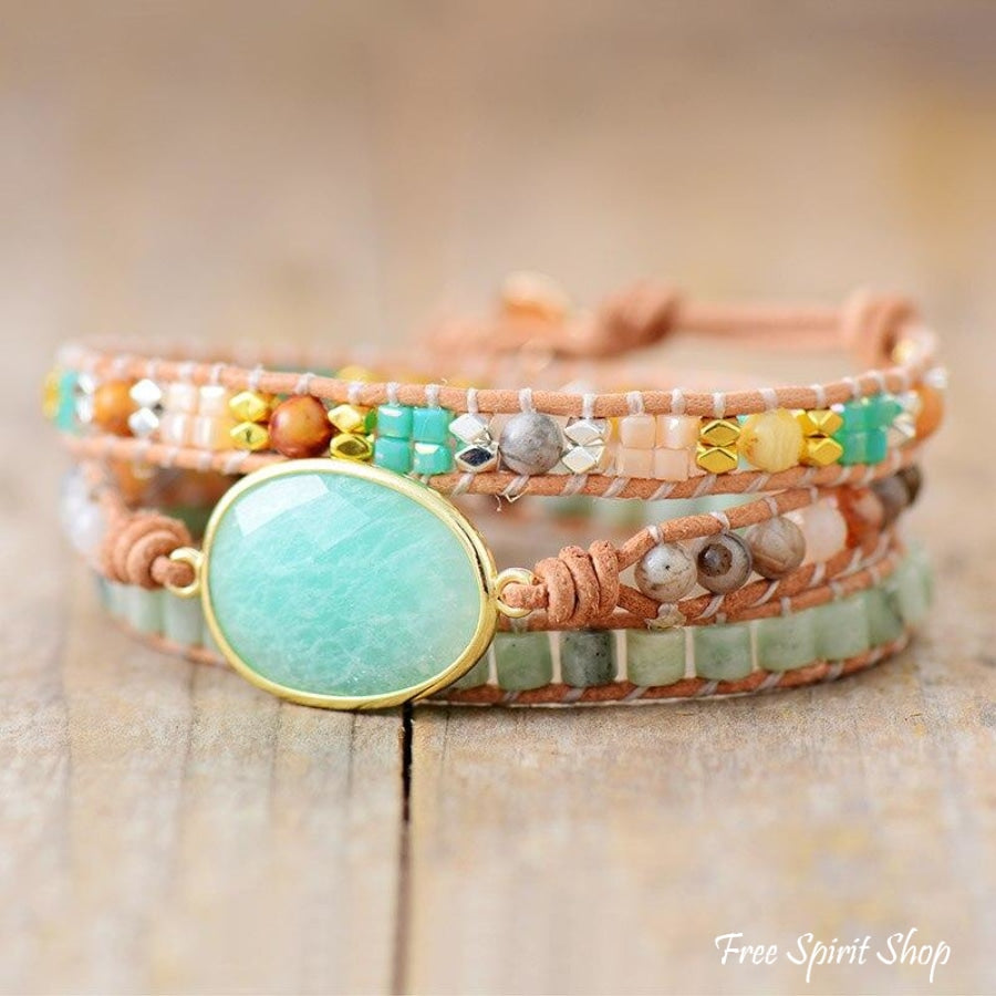 Natural Amazonite & Agate Gemstone Wrap Bracelet - Free Spirit Shop