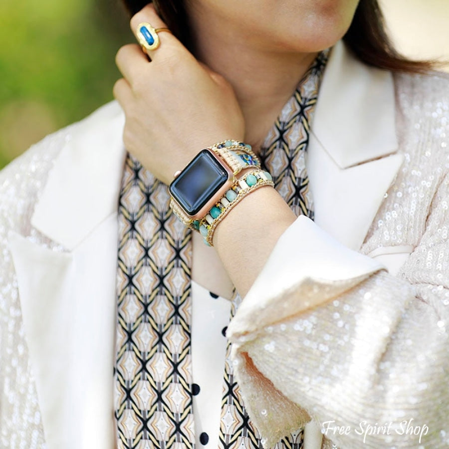 Natural Amazonite & Blue Bead Apple Watch Band - Free Spirit Shop