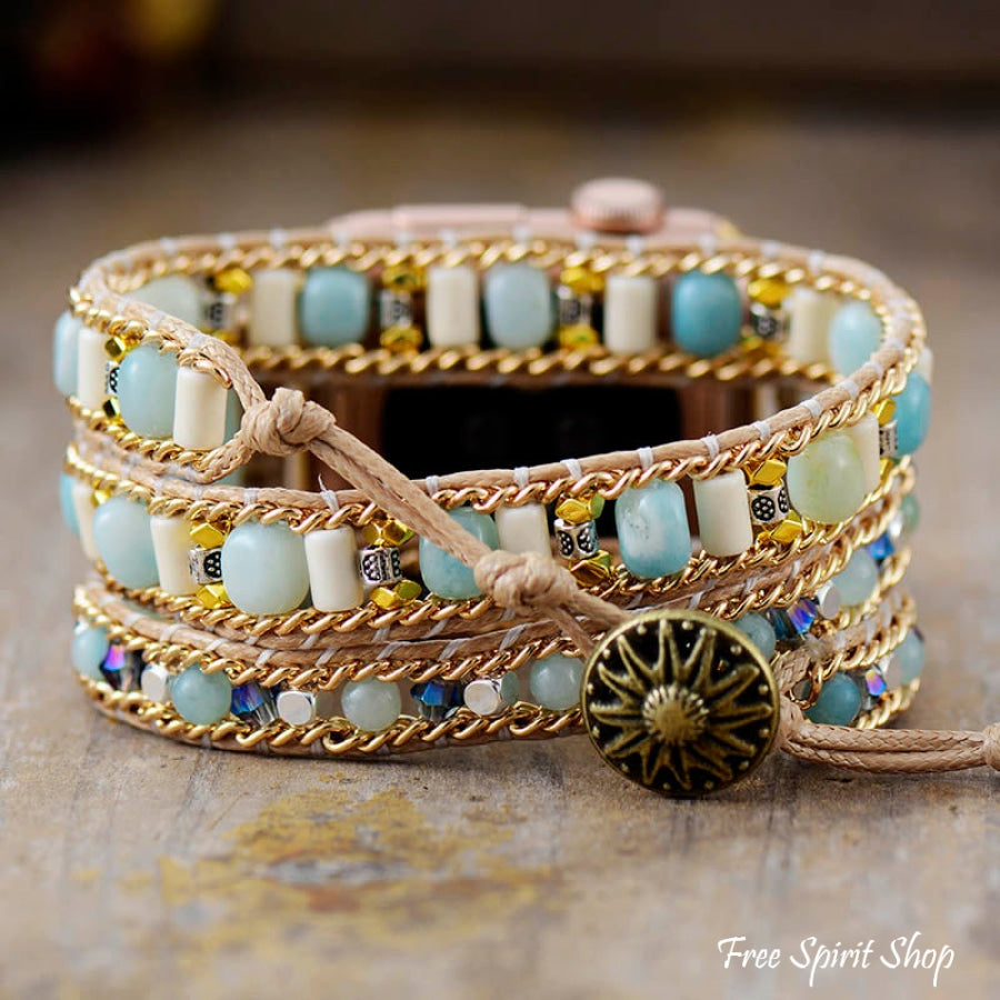 Natural Amazonite & Blue Bead Apple Watch Band - Free Spirit Shop