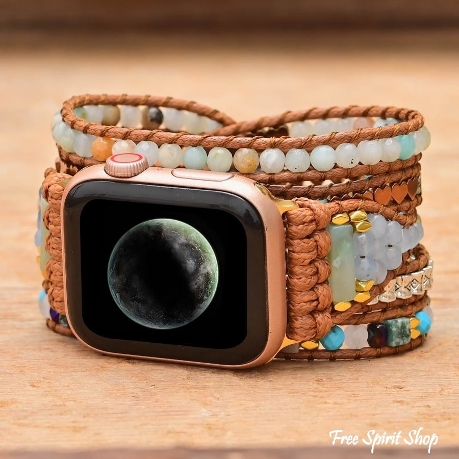 Natural Amazonite & Golden Heart Apple Watch Band - Free Spirit Shop